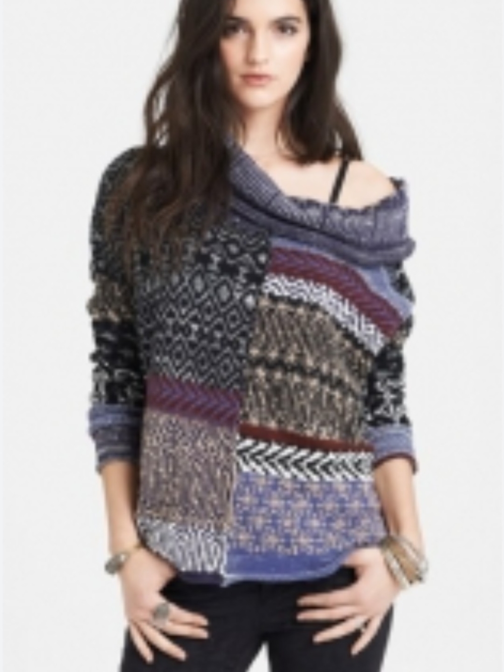 Free People Patchwork Cowl Neck Sweater in Black, Gray, Cream & Burgundy